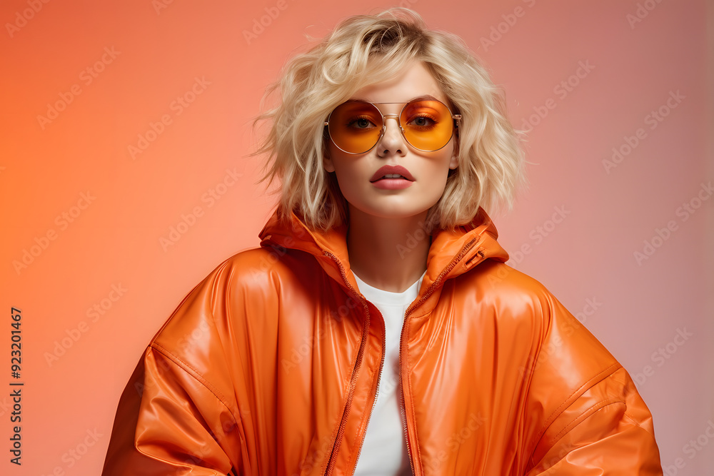 A woman in an orange jacket and sunglasses A woman in an orange jacket and sunglasses