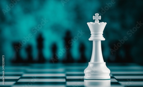 White queen chess piece standing prominently on a chessboard with blurred pieces in the background. 