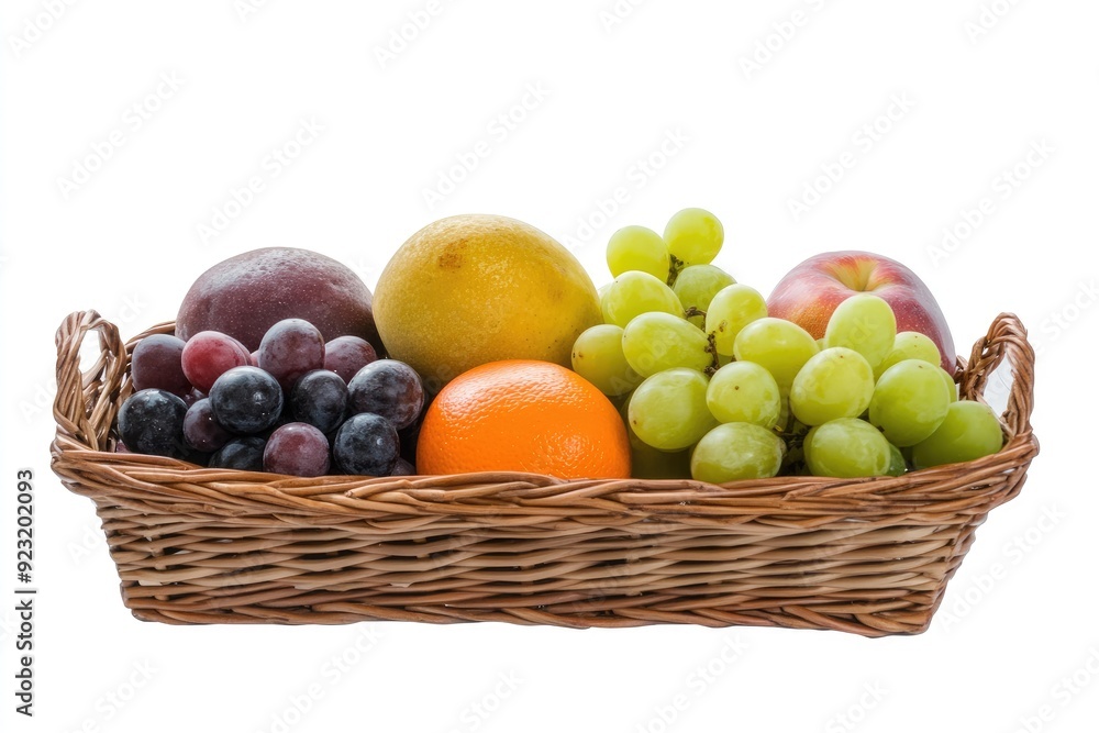 A wicker basket filled with fresh fruit, including grapes, an orange, a lemon, an apple, and a plum. A wicker basket filled with fresh fruit, including grapes, an orange, a lemon, an apple, and a plum.