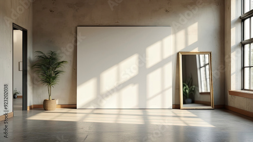 A minimalist interior design with a large blank canvas  a plant in a woven basket  and a gold-framed mirror in a sunlit room with a concrete wall and hardwood floor.