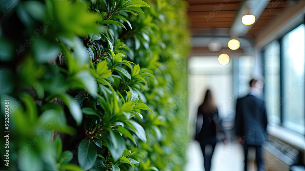 Lush green foliage in the foreground with blurred background of people walking through a modern office hallway. Lush green foliage in the foreground with blurred background of people walking through a modern office hallway.