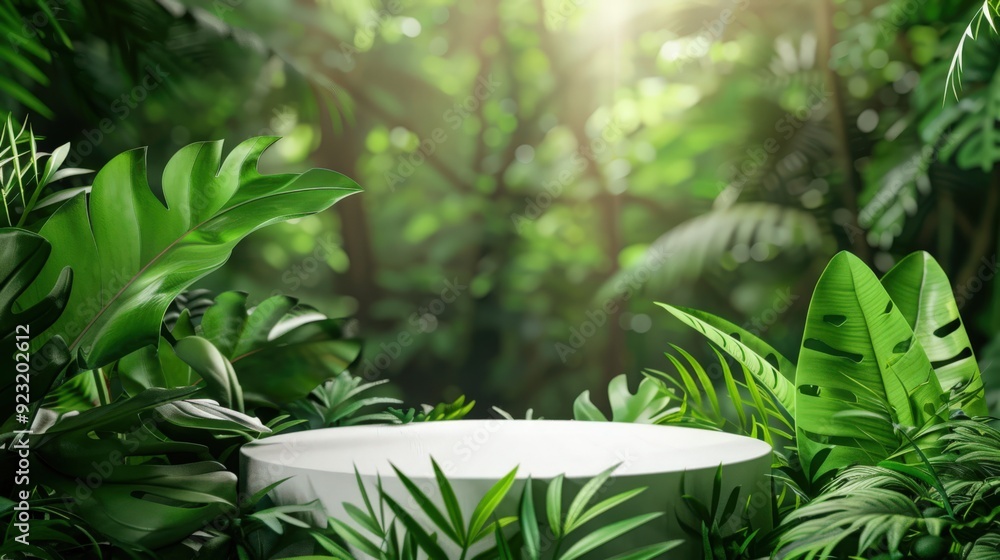 A white pedestal is surrounded by lush green foliage