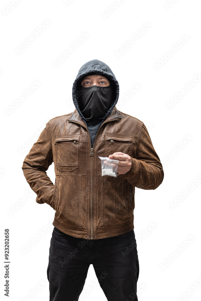 Drug dealer, dangerous hooded criminal man in black mask and brown leather jacket holding transparent plastic bag with drugs, isolated on transparent background Drug dealer, dangerous hooded criminal man in black mask and brown leather jacket holding transparent plastic bag with drugs, isolated on transparent background