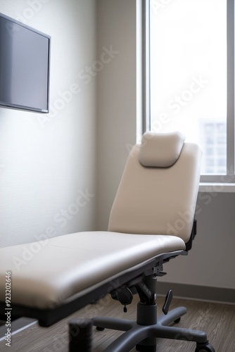 A nurse consulting with a patient in a bright and airy examination room filled with modern equipment