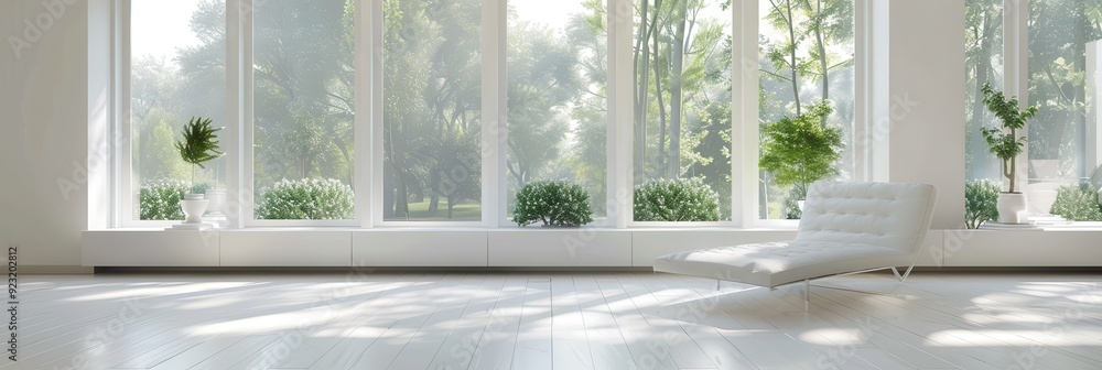 Obraz premium Large Windows. Modern White Interior Design With Empty Living Room
