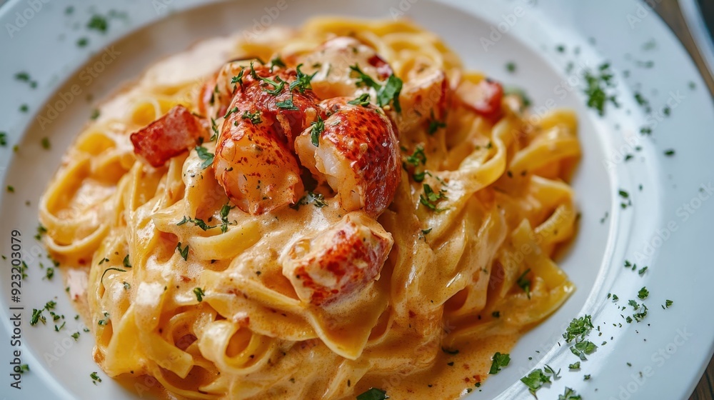 Luxurious Lobster Pasta with Creamy Sauce and Fresh Herbs on White Plate Luxurious Lobster Pasta with Creamy Sauce and Fresh Herbs on White Plate