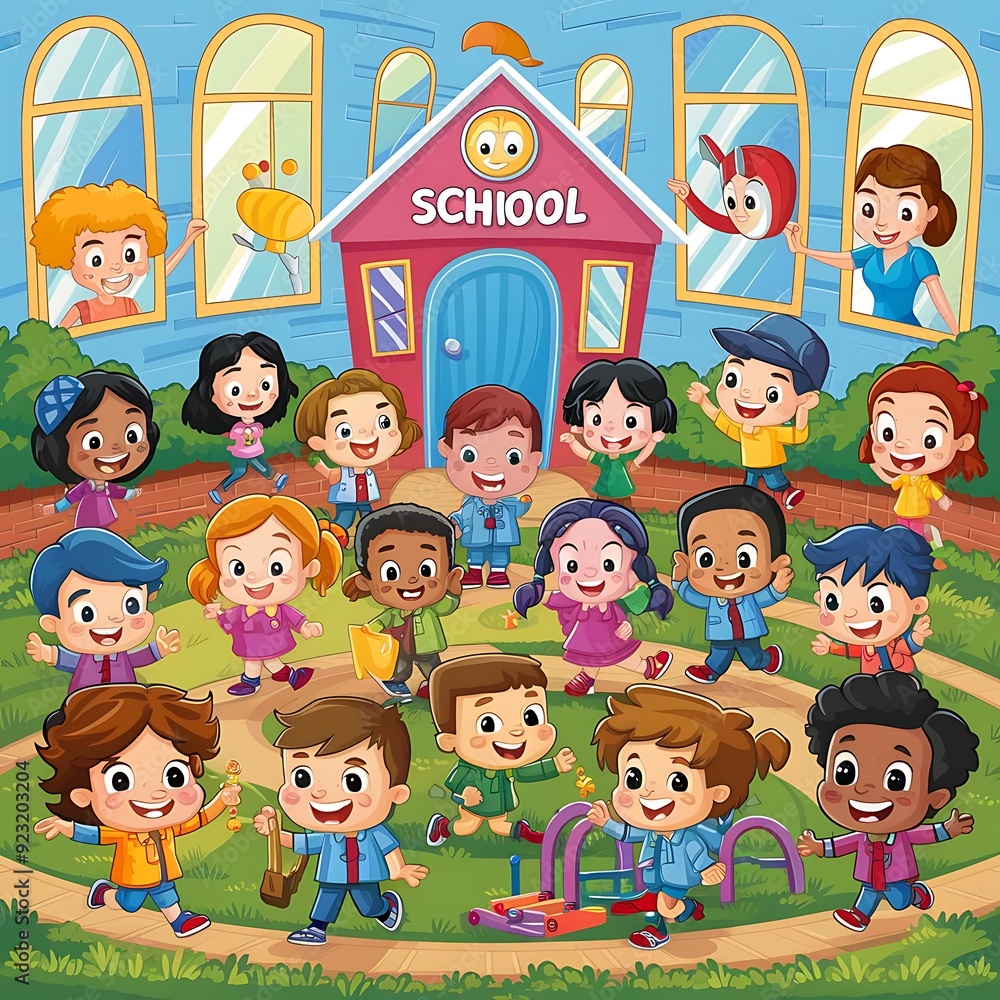 Lively cartoon school with kids playing in a colorful playground, bright classrooms, and friendly teachers Lively cartoon school with kids playing in a colorful playground, bright classrooms, and friendly teachers