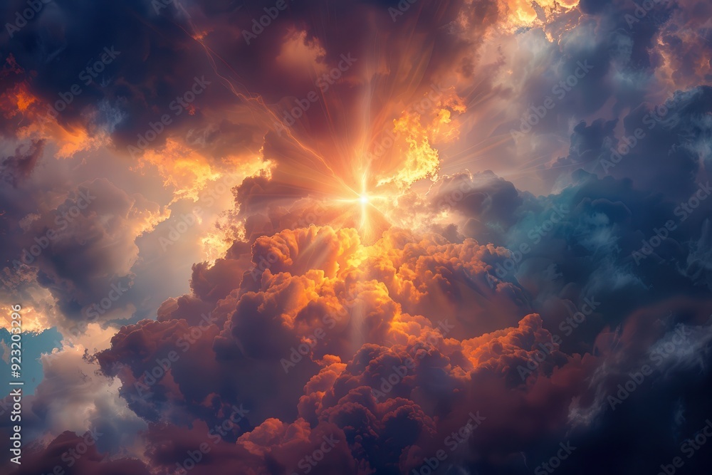 Light Cross in Clouds - Resurrection Scene With Risen Jesus Ascending to Heaven Light Cross in Clouds - Resurrection Scene With Risen Jesus Ascending to Heaven