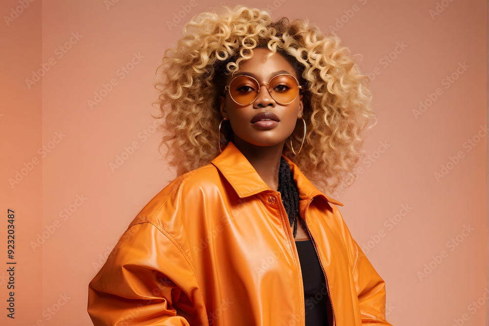 A woman in an orange jacket with curly hair and glasses A woman in an orange jacket with curly hair and glasses