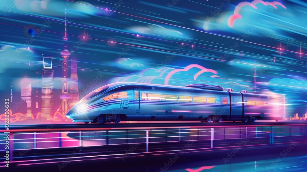 Fototapeta premium A train is traveling through a city with a futuristic skyline in the background