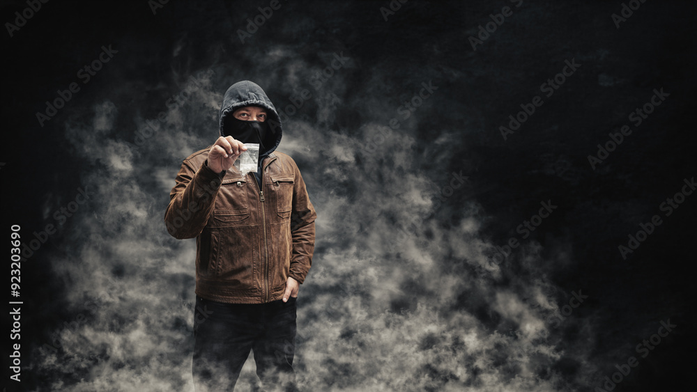 Drug dealer, dangerous hooded criminal man in black mask and brown leather jacket holding transparent plastic bag with drugs, on a dark background with smoke Drug dealer, dangerous hooded criminal man in black mask and brown leather jacket holding transparent plastic bag with drugs, on a dark background with smoke