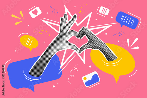 Modern halftone collage. Concept of social media dependency, socializing, influence, modern lifestyle and advertising.