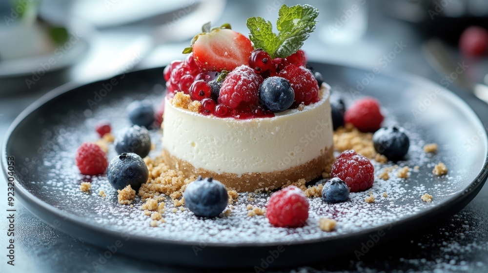 Elegant Deconstructed Cheesecake with Fresh Berries and Crumble Topping on Minimalist Plate Elegant Deconstructed Cheesecake with Fresh Berries and Crumble Topping on Minimalist Plate