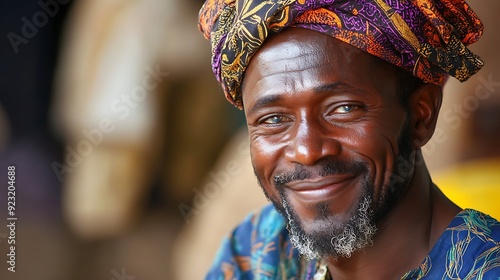 A handsome Senegalese man. Senegal. A joyful man wearing a colorful traditional headwrap smiles warmly, showcasing a sense of community and cultural pride in a vibrant setting. . #motw