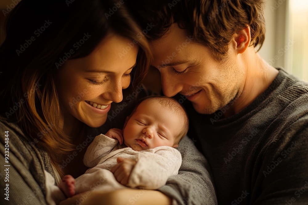 Happy Family with Newborn in Soft Lighting Happy Family with Newborn in Soft Lighting