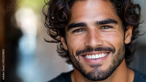 A handsome Spanish man. Spain. This vibrant portrait features a smiling young man with curly hair, exuding warmth and confidence. . #motw