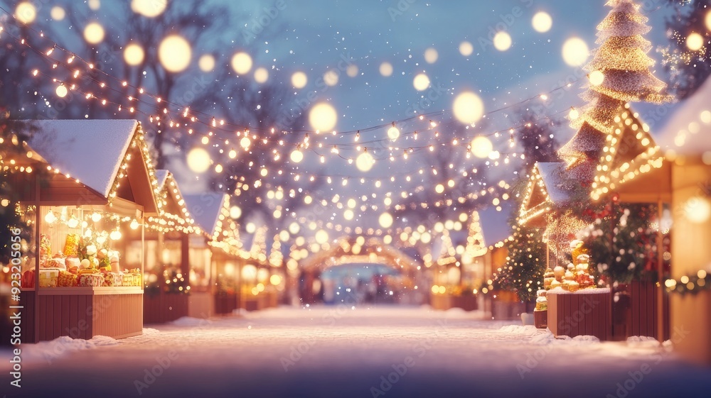 A festive holiday market illuminated by twinkling lights, featuring decorated stalls and a snow-covered pathway. A festive holiday market illuminated by twinkling lights, featuring decorated stalls and a snow-covered pathway.