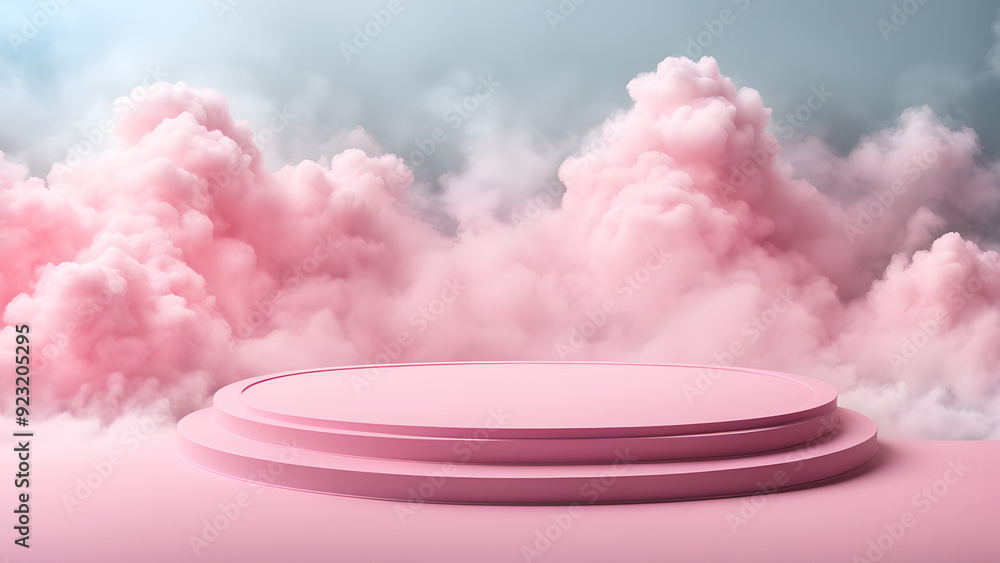 A pink cloud filled sky with a pink stage in the middle A pink cloud filled sky with a pink stage in the middle