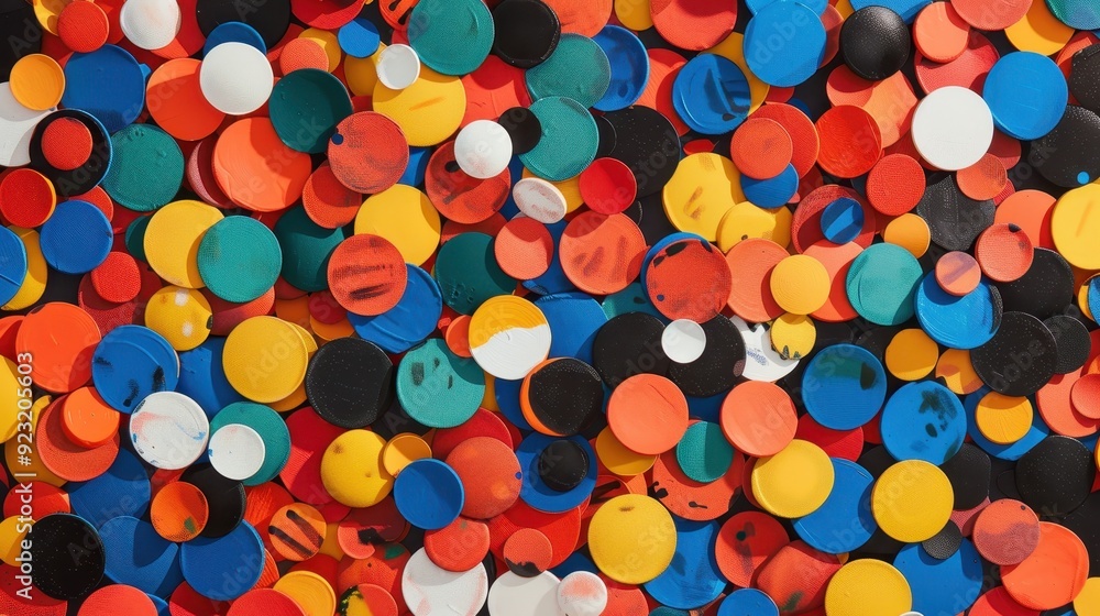 A vibrant collection of round tokens in multiple colors spread across a flat surface, creating a visually appealing display A vibrant collection of round tokens in multiple colors spread across a flat surface, creating a visually appealing display