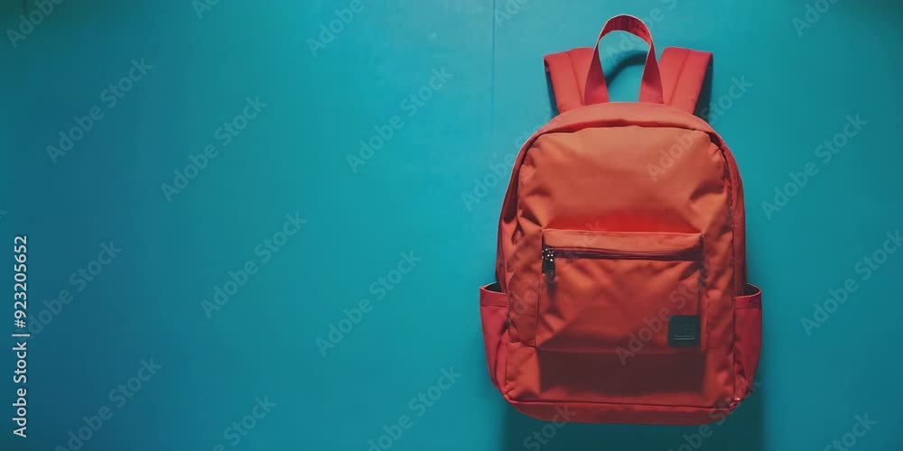 Red backpack on blue background – back to school Red backpack on blue background – back to school