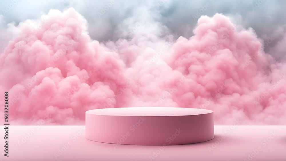 A pink cloud filled sky with a pink podium in the middle A pink cloud filled sky with a pink podium in the middle