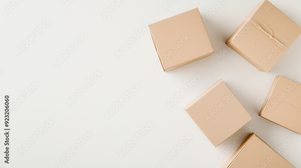 A top view of cardboard boxes arranged in a minimalistic composition on a solid background, with ample copy space around them, highlighting the simplicity and clean design, photo A top view of cardboard boxes arranged in a minimalistic composition on a solid background, with ample copy space around them, highlighting the simplicity and clean design, photo