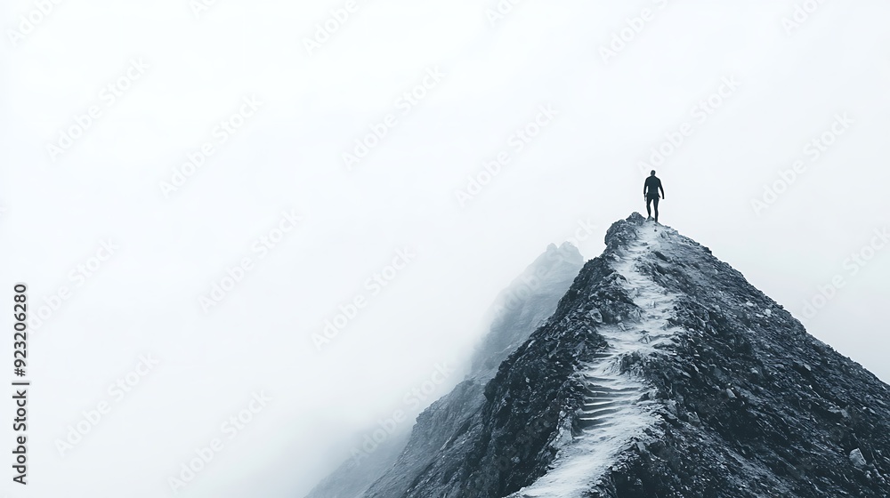 © Vivid Canvas - Climbing a mountain. A lone figure stands at the peak of a rugged mountain, surrounded by mist