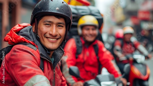 latino delivery men. . A group of smiling delivery riders in helmets and red jackets takes a break on busy city streets, showcasing teamwork and urban lifestyle. 