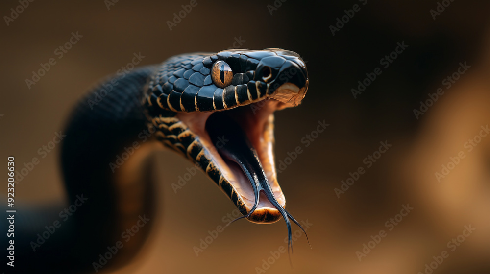 Naklejka premium The fierce expression of a black snake is captured in a detailed close-up, its mouth wide open, showcasing its fangs and the textured scales, emphasizing the danger and raw power o