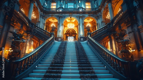 old money aesthetic. . A grand staircase illuminated by elegant chandeliers, featuring ornate architectural details and luxurious decor, set in a magnificent palace environment. 