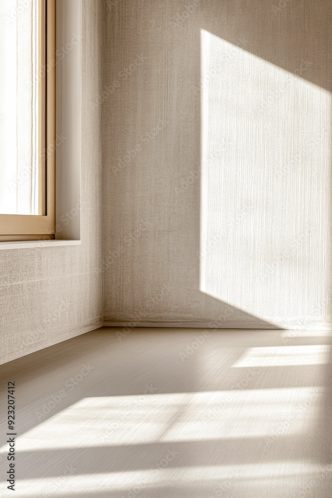 Fototapeta premium Elegant property interiors with a large window, natural lighting and contrasting shadows. Residential Real Estate interior design composition background or template.