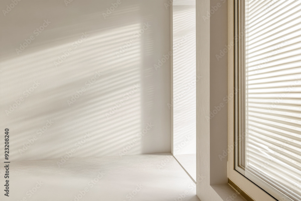Fototapeta premium Elegant property interiors with a large window, natural lighting and contrasting shadows. Residential Real Estate interior design composition background or template.