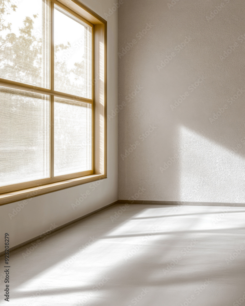 Fototapeta premium Elegant property interiors with a large window, natural lighting and contrasting shadows. Residential Real Estate interior design composition background or template.