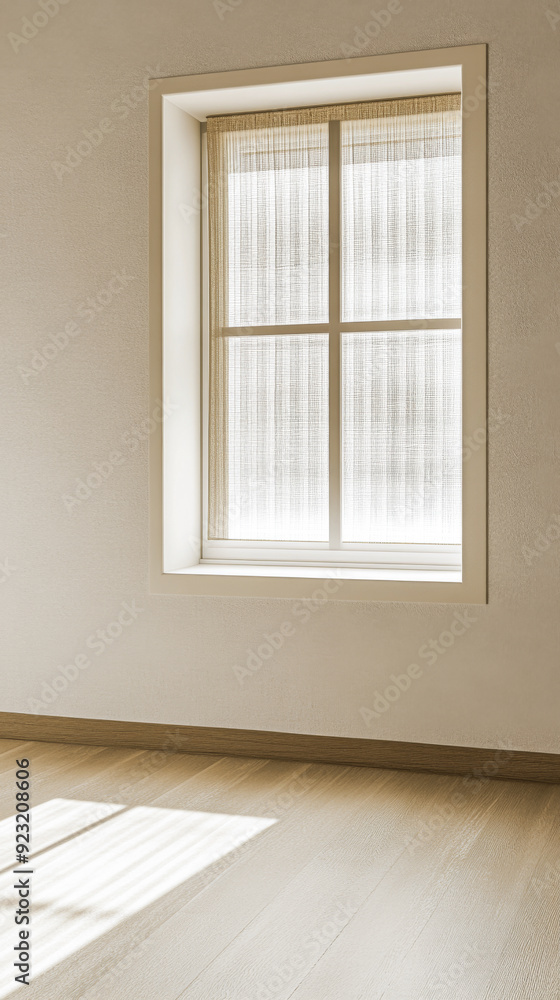 Elegant property interiors with a large window, natural lighting and contrasting shadows. Residential Real Estate interior design composition background or template.