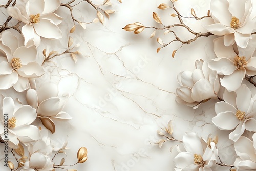 Elegant White Magnolia Flowers with Gold Accents on a Marble Background - A Luxurious Floral Design