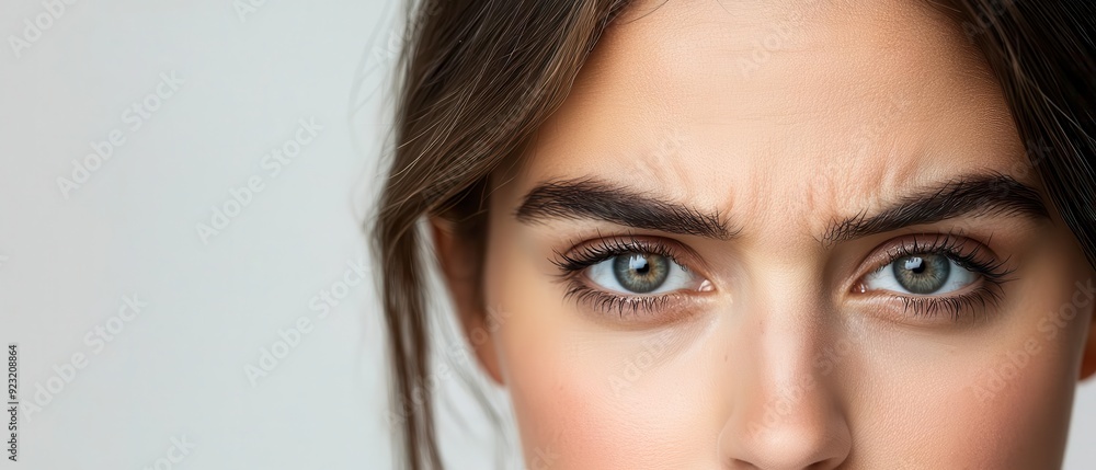 A close-up portrait of a woman with furrowed brows and a slightly tilted head, eyes wide open as if trying to understand something perplexing A close-up portrait of a woman with furrowed brows and a slightly tilted head, eyes wide open as if trying to understand something perplexing