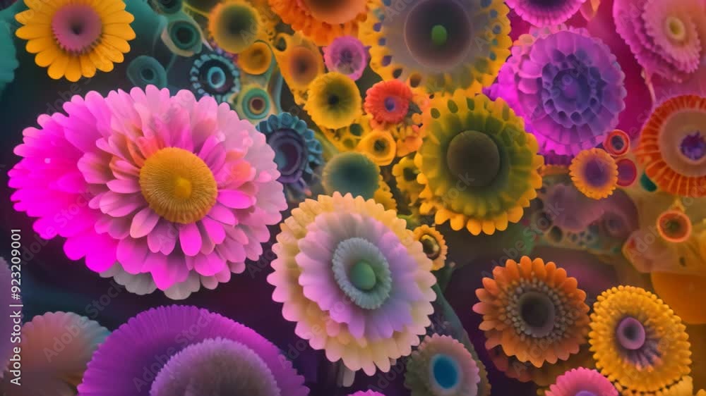 Close-up view of various vibrant colored objects with intricate patterns, Vibrant hues and patterns in the microscopic world of cells Close-up view of various vibrant colored objects with intricate patterns, Vibrant hues and patterns in the microscopic world of cells