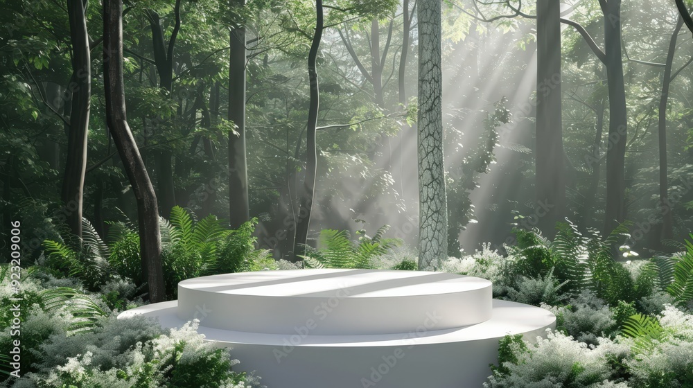 A white pedestal in a forest with a tree in the background A white pedestal in a forest with a tree in the background