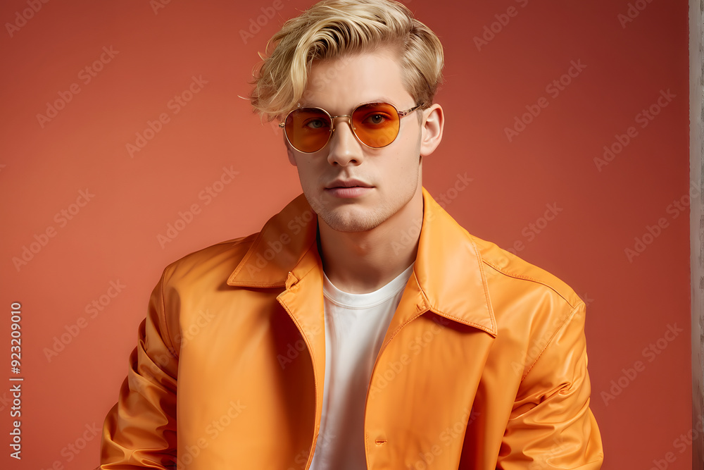 A man in an orange jacket and white shirt is wearing sunglasses A man in an orange jacket and white shirt is wearing sunglasses