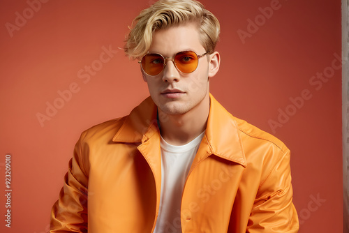 A man in an orange jacket and white shirt is wearing sunglasses