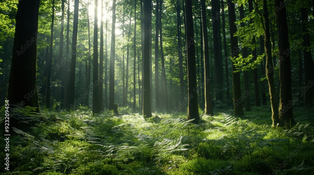 Obraz premium Sunlight Filtering Through Dense Forest Trees with Lush Greenery and Ferns on the Forest Floor