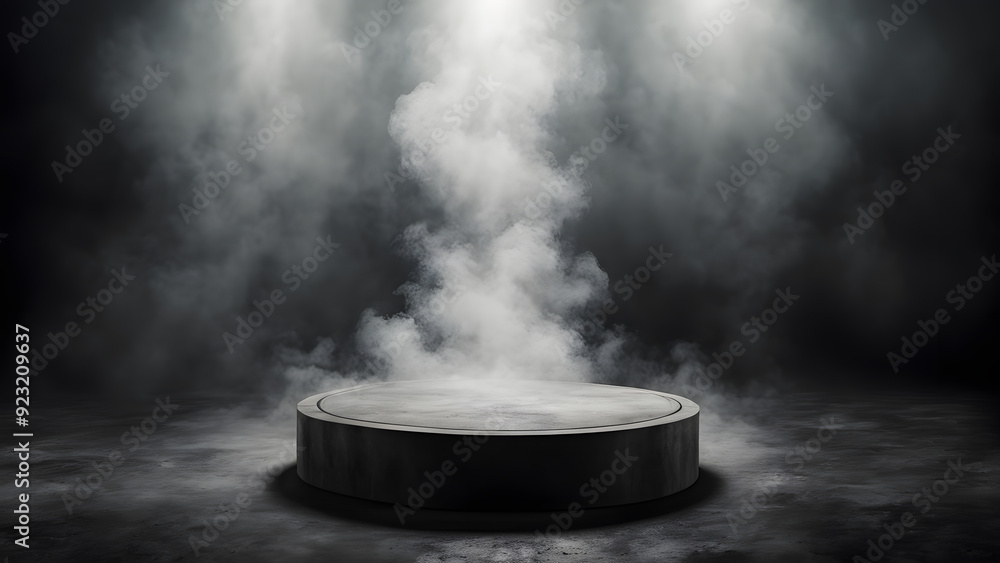 A smokey, dark room with a large, round stage A smokey, dark room with a large, round stage