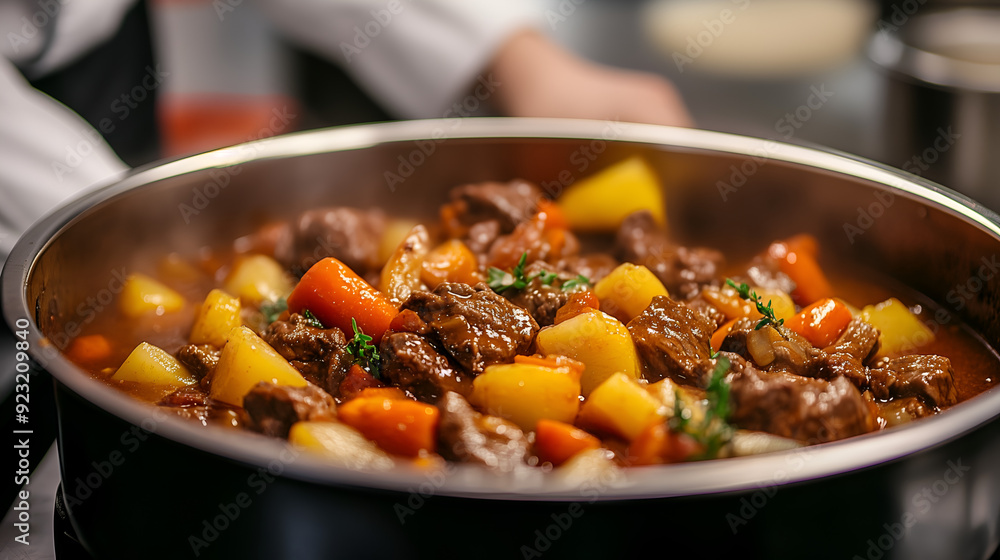 A close-up of a hearty beef stew simmering in a pot, filled with tender beef chunks, potatoes, and carrots. A close-up of a hearty beef stew simmering in a pot, filled with tender beef chunks, potatoes, and carrots.