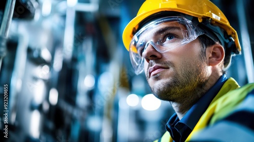 A focused worker examines intricate machinery while wearing safety gear in a bustling industrial environment, highlighting dedication and professionalism