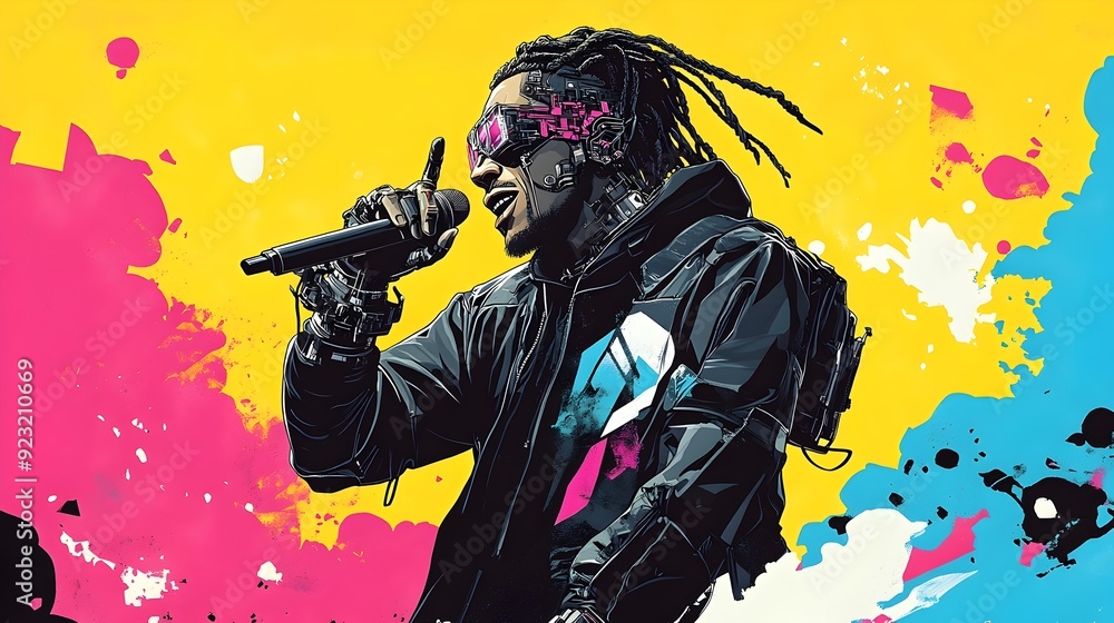 Captivating Rapper with Futuristic Enhancements Performing on Vibrant Backdrop Captivating Rapper with Futuristic Enhancements Performing on Vibrant Backdrop