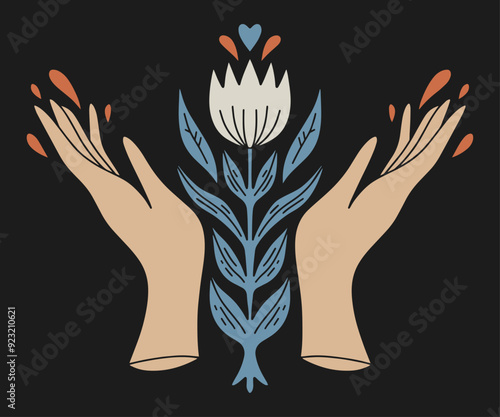 Boho sacred magic woman or man mystical hands symbol. Human palms holding flower. Reiki flat holistic healing meditation energy new age concept, modern abstract silhouette clip-art vector illustration