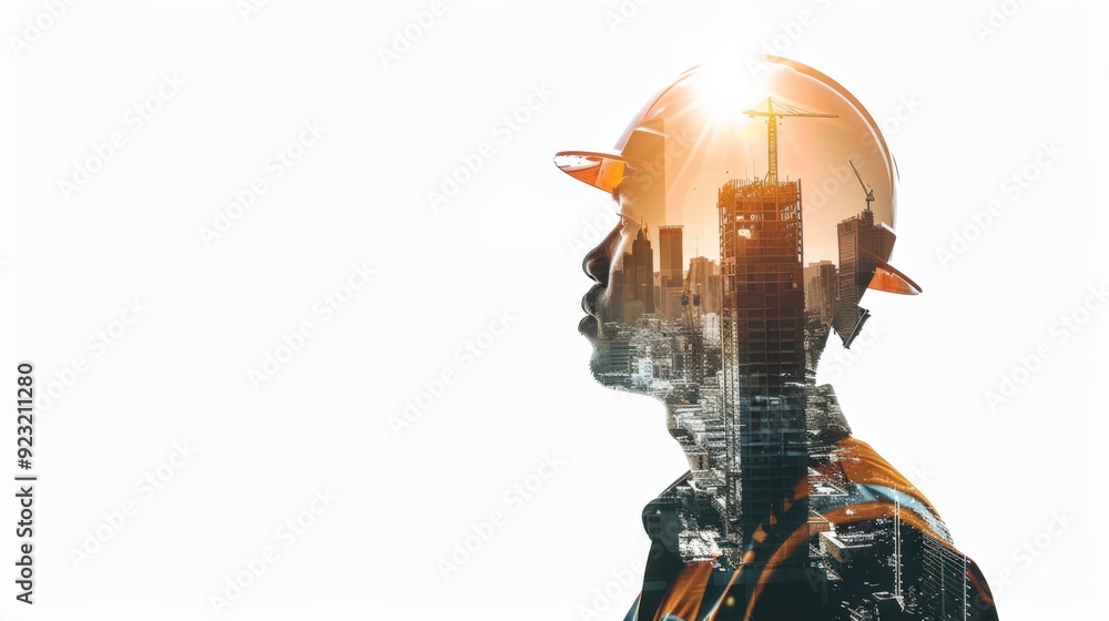 A man in a hard hat stands in front of a city skyline A man in a hard hat stands in front of a city skyline