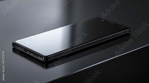 Minimalist product photography setup with a sleek smartphone on a reflective surface, soft lighting highlighting the device's contours and premium finish, emphasizing modern design and elegance.