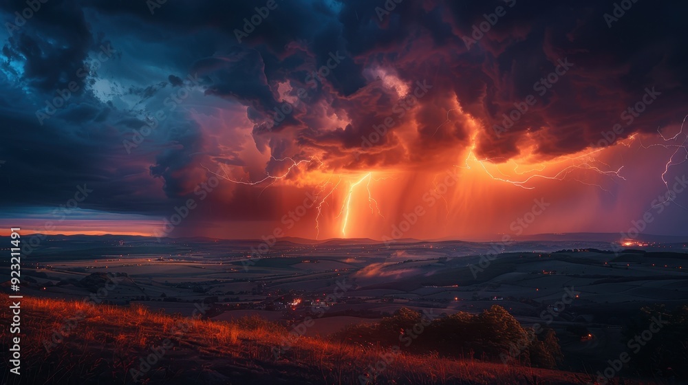 A dramatic storm scene featuring dark clouds, vibrant lightning, and a stunning sunset illuminating the landscape. A dramatic storm scene featuring dark clouds, vibrant lightning, and a stunning sunset illuminating the landscape.