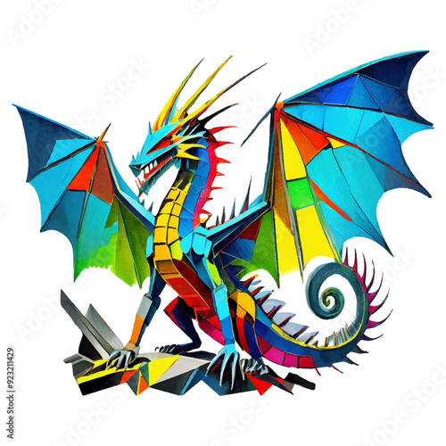 dragón con alas desplegadas y cola de iguana formando espiral con colores vibrantes